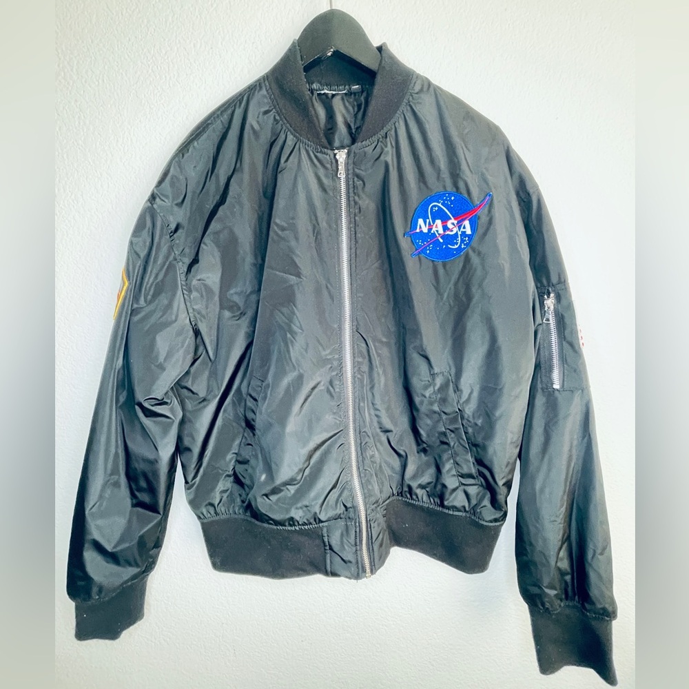 NASA Bommer Unisex Jacket patches adorn this zipper front and NASA emblem backed